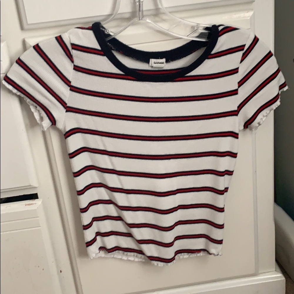 garage red white and navy tee shirt